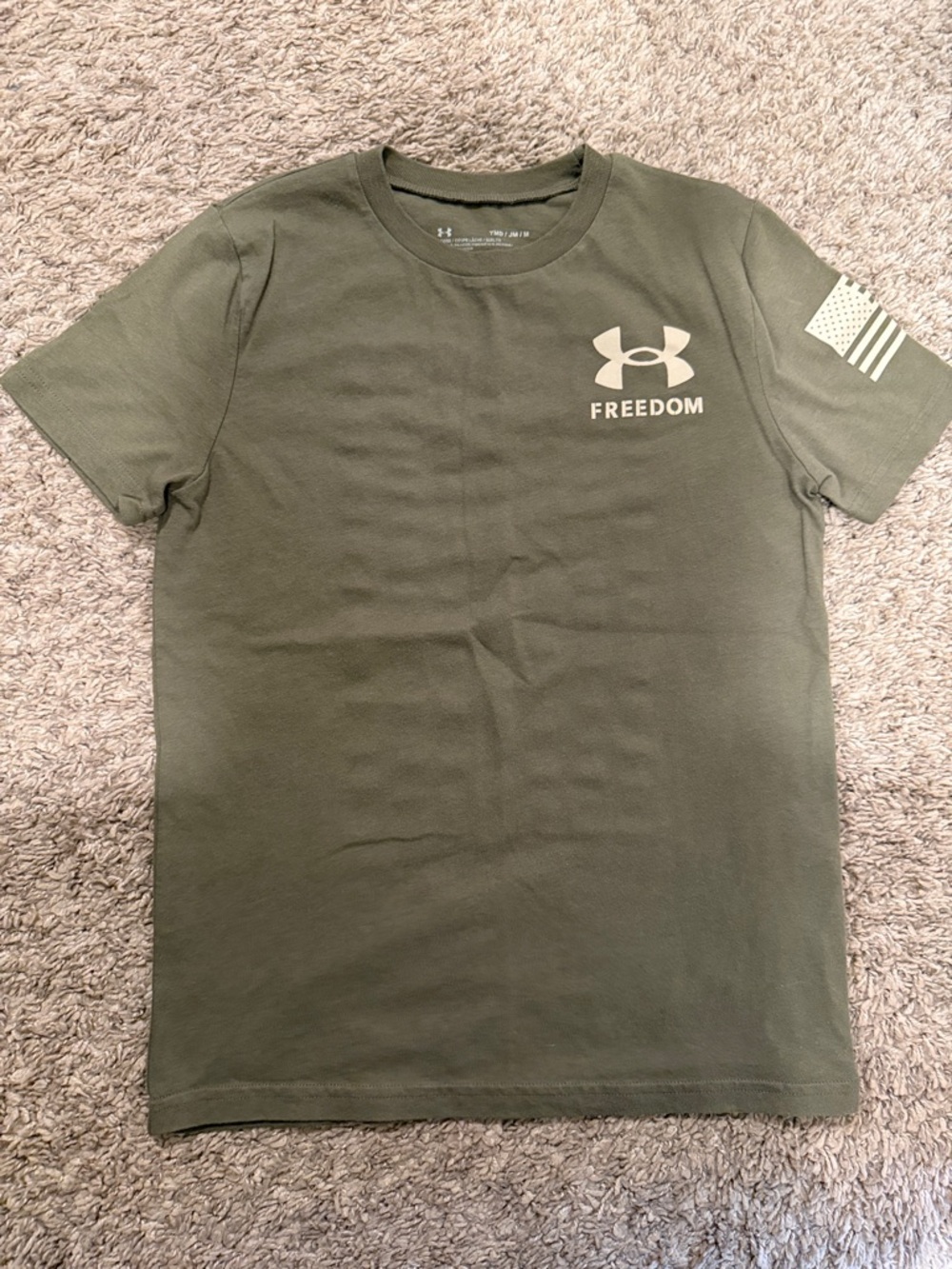 Under Armour Olive Green Tee with Tan Freedom Logo boys Medium